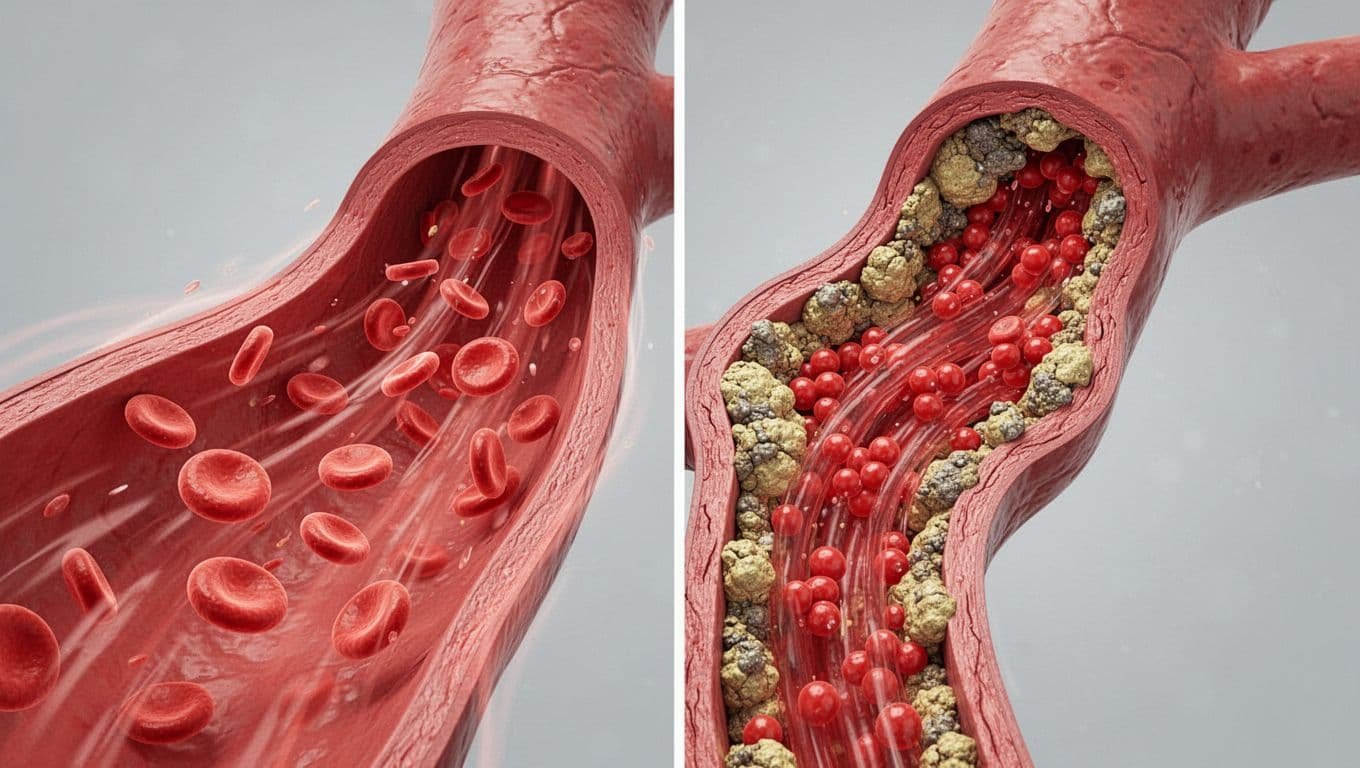 Simple medical illustration of a healthy artery next to a blocked artery with plaque buildup restricting blood flow to the penis area. Cross-section views show red blood cells flowing freely in the healthy artery and jammed in the narrowed blocked one, in a clean scientific diagram style.