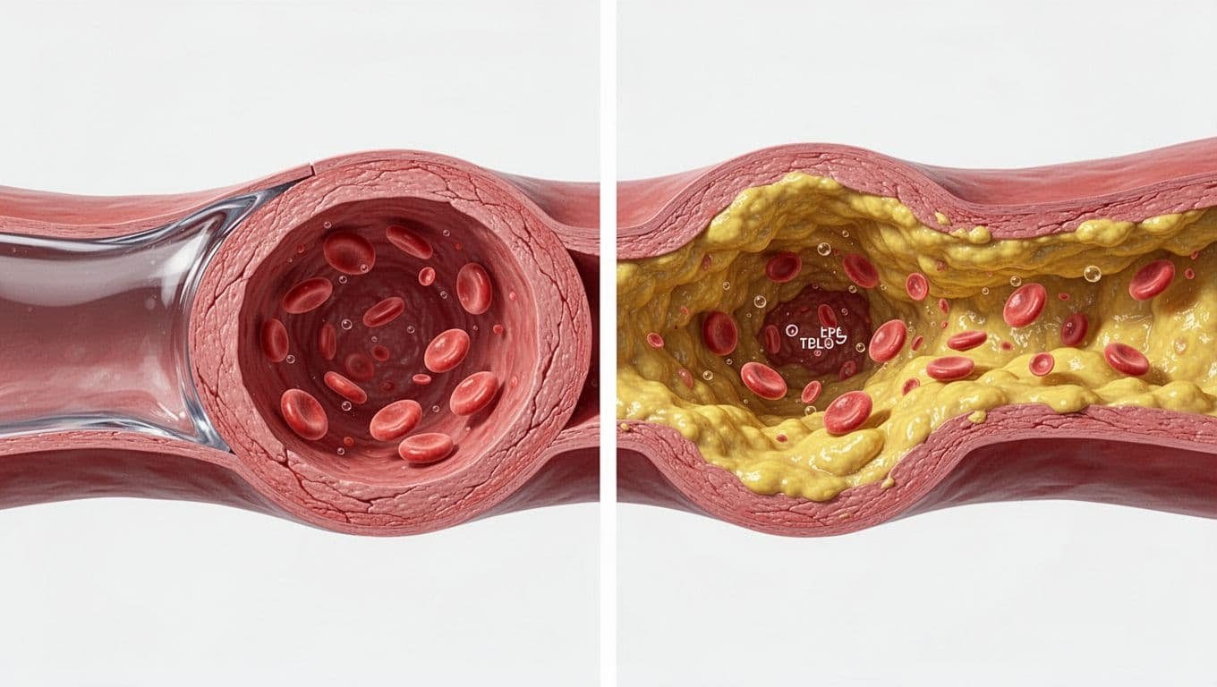 Cross-section view of a healthy artery next to a clogged artery with yellow plaque buildup from high LDL cholesterol narrowing blood flow, realistic medical diagram style, side-by-side comparison.
