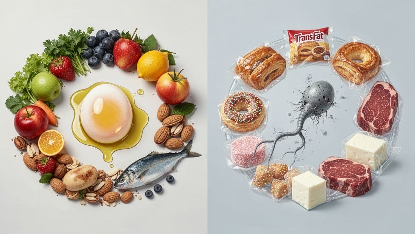 Split medical diagram contrasting healthy foods supporting vibrant egg and sperm cells against unhealthy processed foods damaging faded reproductive cells.