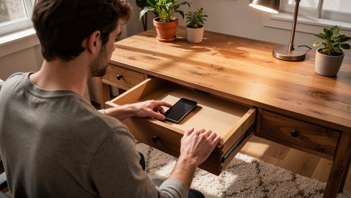 Person in cozy home office placing smartphone face down in desk drawer and closing it halfway, relaxed posture from back view, warm lighting, focus on hiding device.