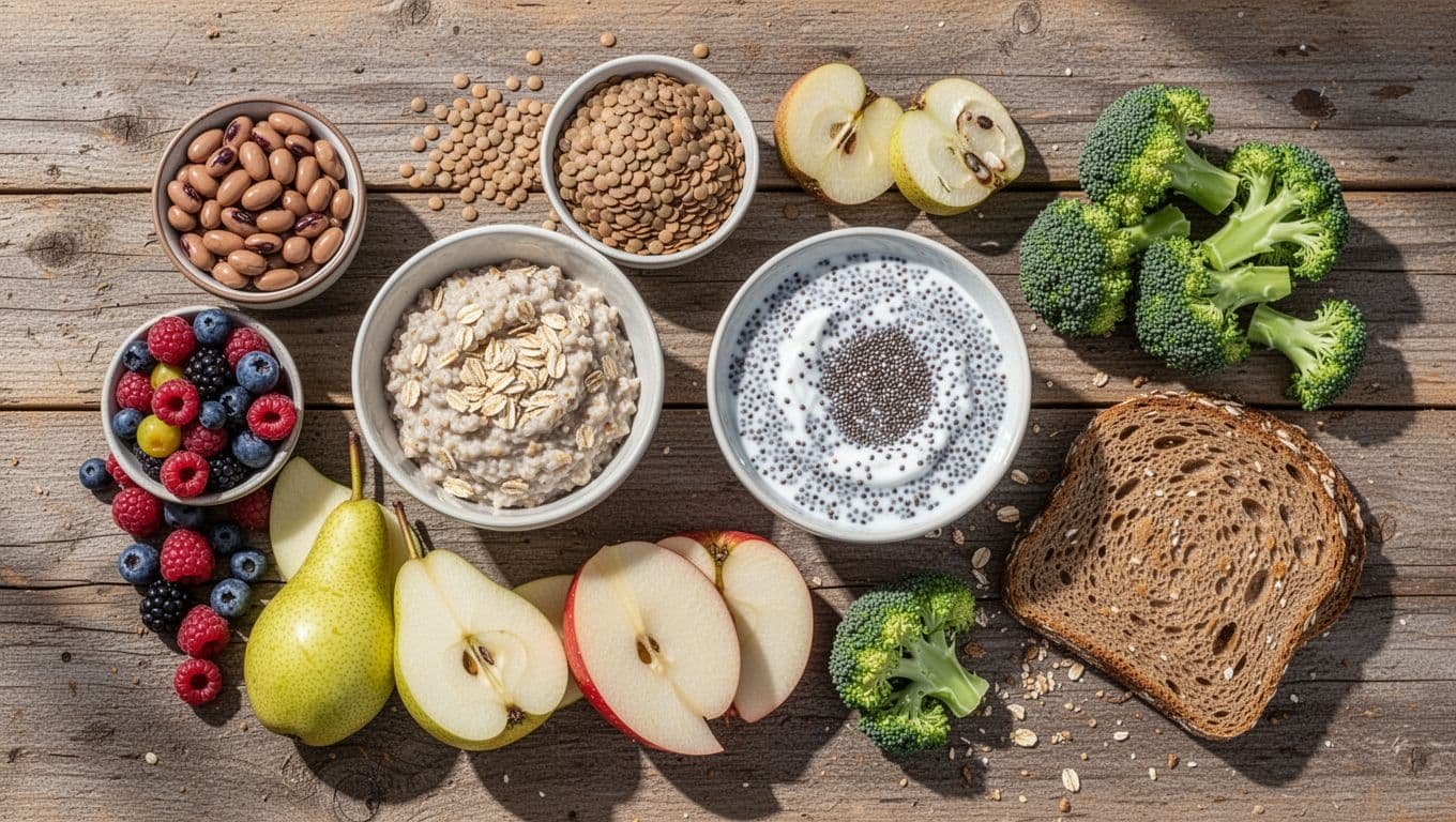 Overhead view of rustic wooden table with cooked beans, lentils, oats porridge, chia yogurt, mixed berries, sliced pear and apple, broccoli florets, and whole grain bread.