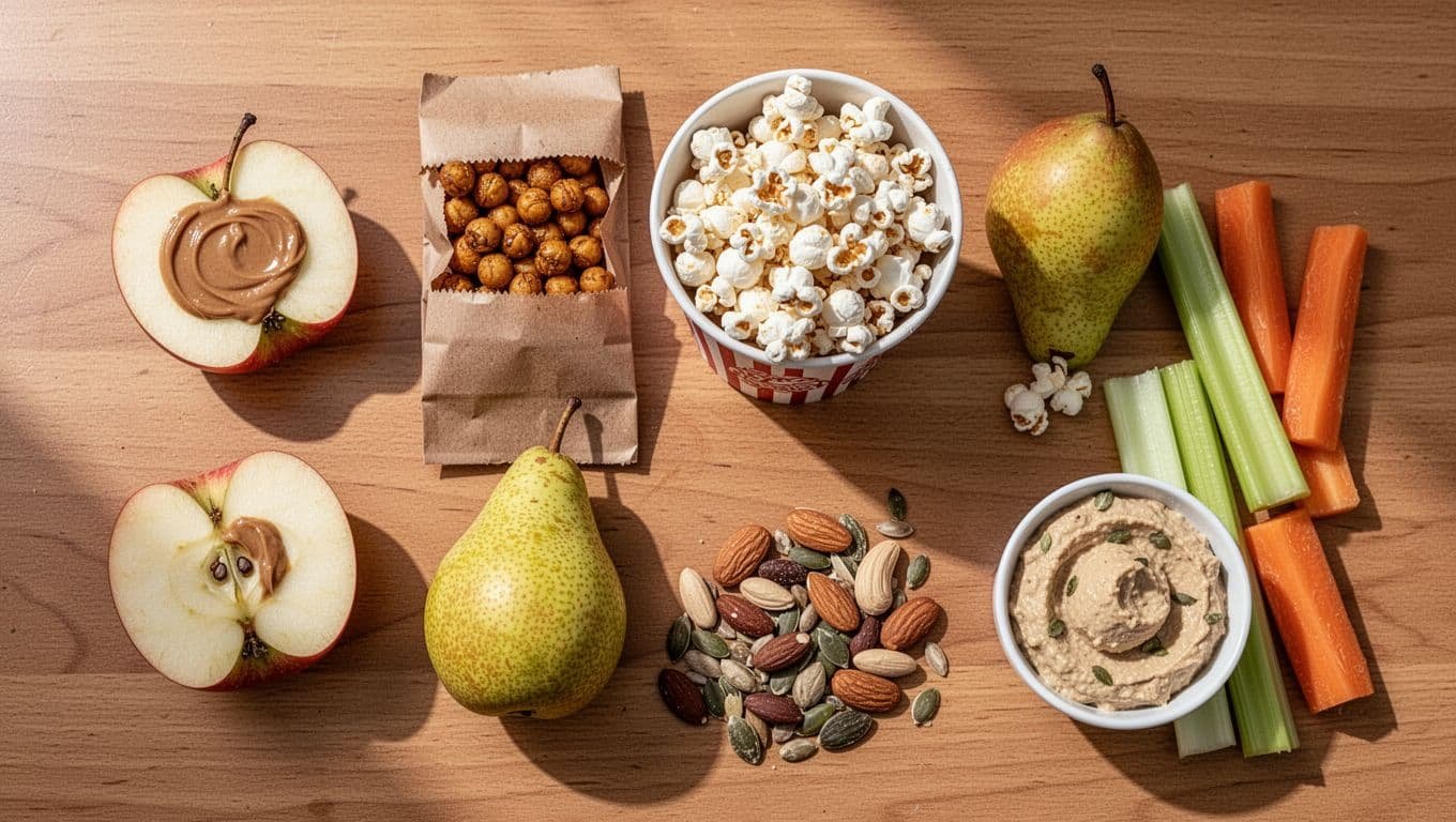 Top-down view of sliced apple with almond butter, roasted chickpeas, popcorn, pear, trail mix, and veggie sticks with hummus on wooden table.