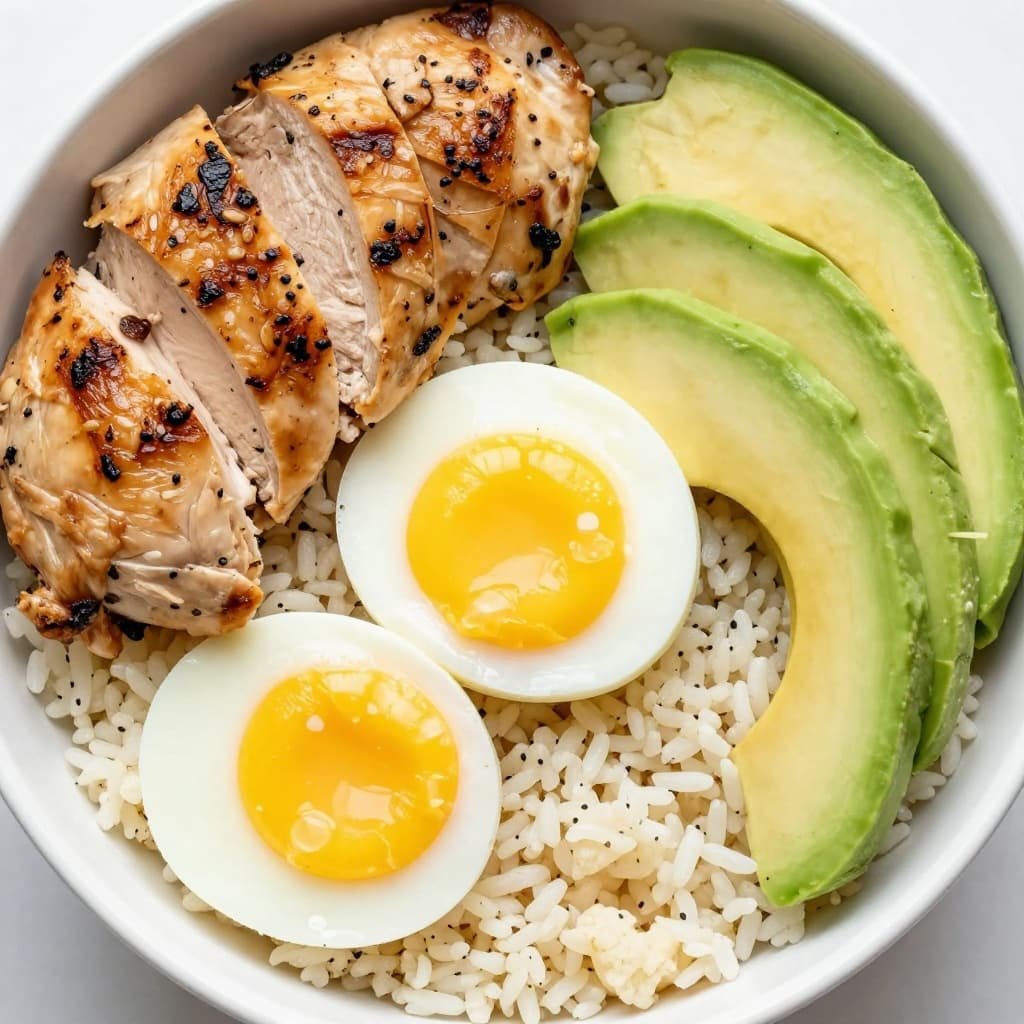 Close-up top-down view of fresh high-protein ingredients in a bowl: grilled chicken, eggs, avocado, and cauliflower rice, with vibrant colors and natural lighting.