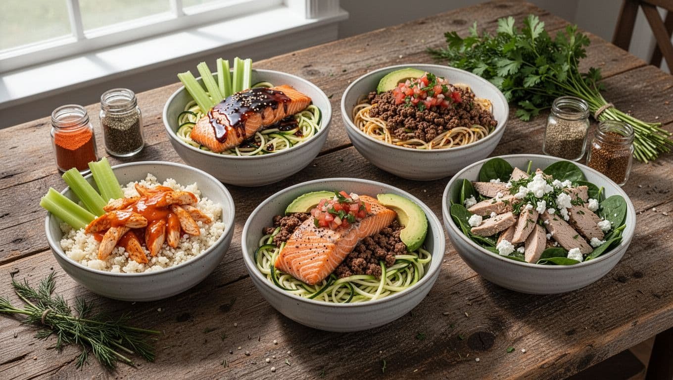 Close-up assortment of four customized high-protein low-carb bowls on a rustic wooden table, showcasing buffalo-style chicken with cauliflower rice, teriyaki-glazed salmon over zucchini noodles, spicy ground beef taco bowl with avocado and salsa, and herb-seasoned turkey with greens and feta; vibrant colors and natural lighting.
