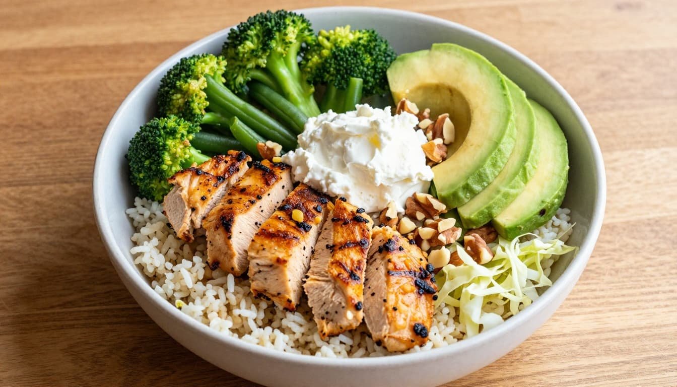 Top-down view of a fully assembled high-protein low-carb bowl with cauliflower rice base, grilled chicken slices, steamed broccoli, green beans, shredded cabbage, avocado, cottage cheese, and chopped nuts on a wooden table with natural lighting.