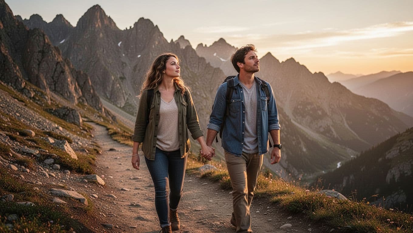 Thoughtful engaged couple in late 20s walking hand-in-hand along a scenic mountain path at sunset, gazing forward with hopeful determined expressions symbolizing long-term commitment, warm golden hour lighting.