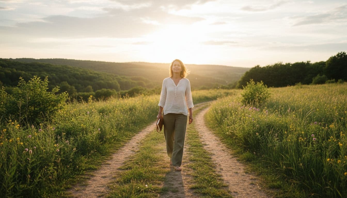 One person walks calmly along a natural path toward a bright sunny horizon, holding a closed journal relaxed at their side, with a calm hopeful expression in a lush green landscape with distant hills under warm golden hour lighting.