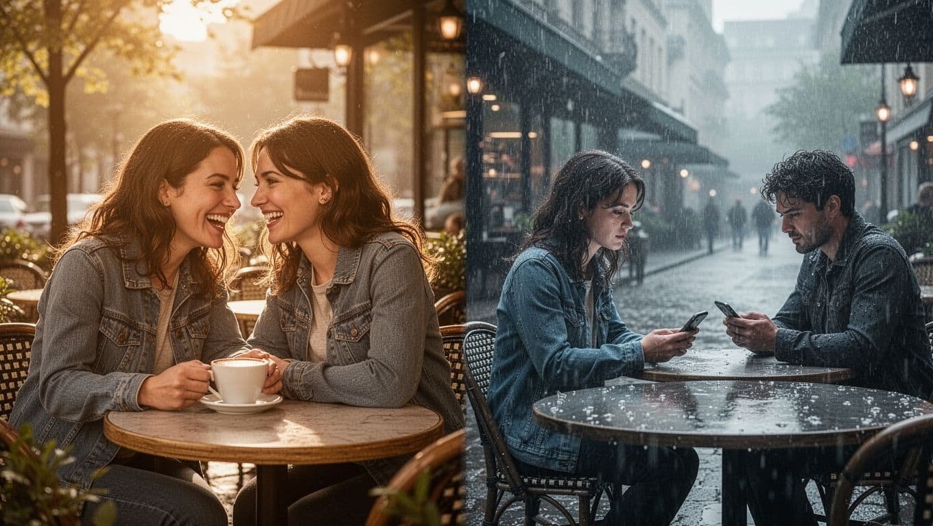 Split vertical image of a cafe: left half sunny with happy couple laughing over coffee; right half rainy with distant person ignored while other checks phone.
