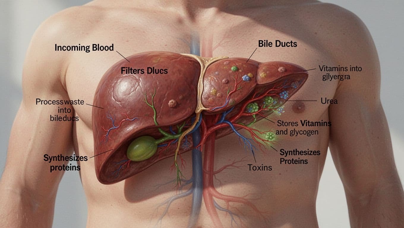 Realistic anatomical view of the human liver filtering blood with toxins, processing waste into bile and urea, storing nutrients like vitamins and glycogen, and producing proteins in soft natural lighting.