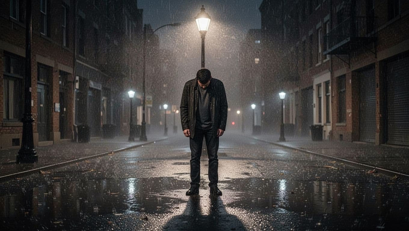 A solitary man stands with head bowed and shoulders slumped under a streetlamp on a rainy city street at night, reflecting emotional pain from public humiliation amid water puddles and moody lighting.