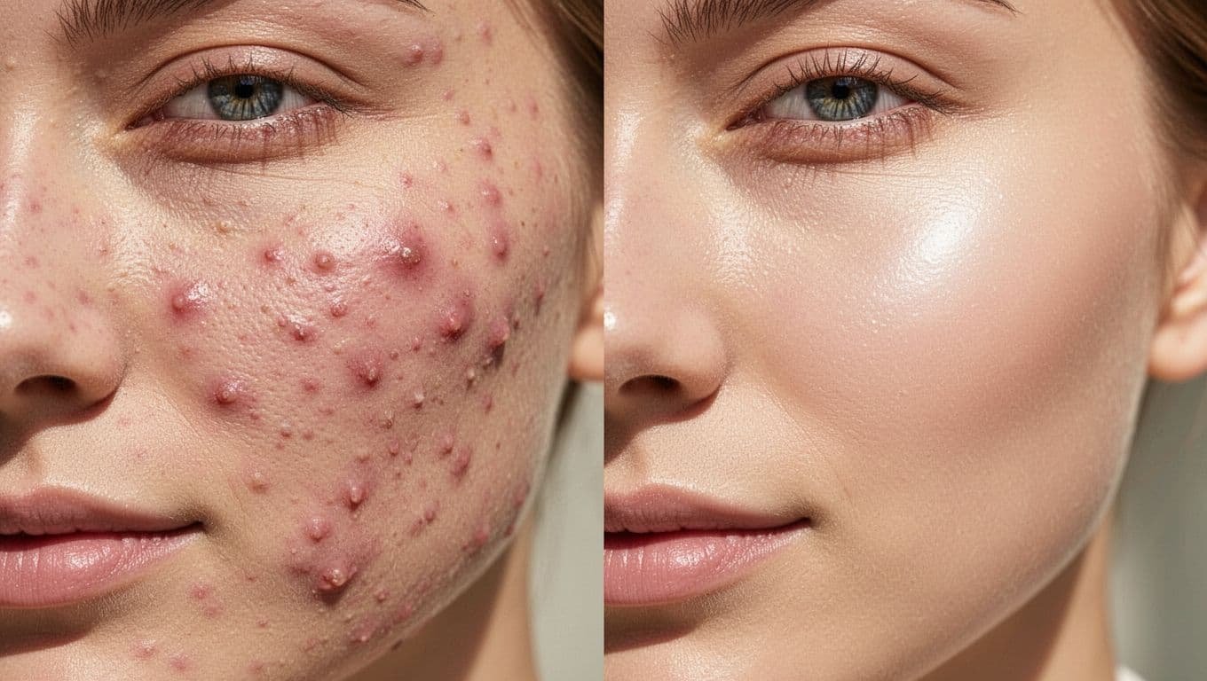 Side-by-side patches: left inflamed acne skin with red swollen pimples and rough texture; right smooth clear healthy skin.