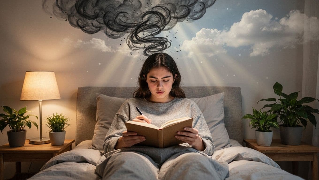 A single young adult in a cozy bedroom with soft lamp light sits up in bed holding an open journal, writing quickly with focused expression as dark swirling thought spirals above their head break apart into calm light rays and fading clouds, symbolizing interrupted overthinking.