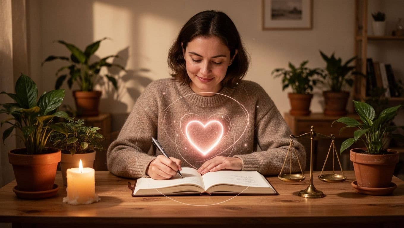 A single person sits at a wooden desk in a cozy room with warm lighting, thoughtfully writing in an open journal amid symbolic elements like a glowing heart with protective boundaries or balanced scales, plants, and a candle.