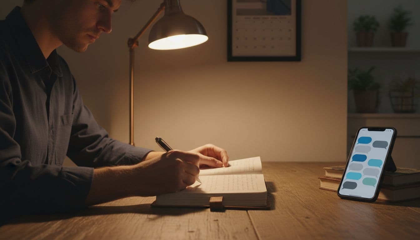 A focused person writes in an open journal at a wooden desk in a quiet home office, with a smartphone showing chat bubbles nearby and warm lamp light casting soft shadows.