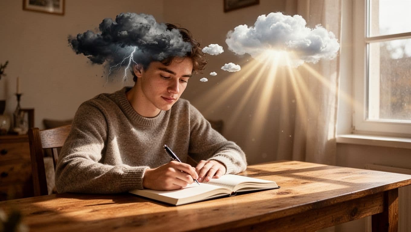 A young adult sits comfortably at a wooden desk in a cozy, softly lit room, writing thoughtfully in an open journal with subtle thought bubbles above their head transforming from dark storm clouds and question marks to rays of clear light.