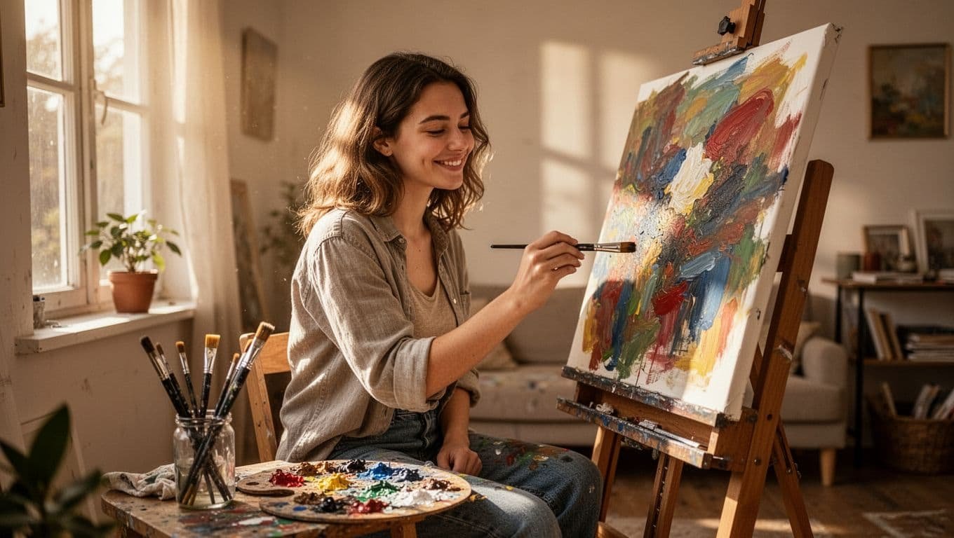 A young woman in her late 20s joyfully paints an abstract canvas at an easel in a sunlit home studio, with a relaxed focused smile, casual clothes, brushes and palette nearby under warm natural light.