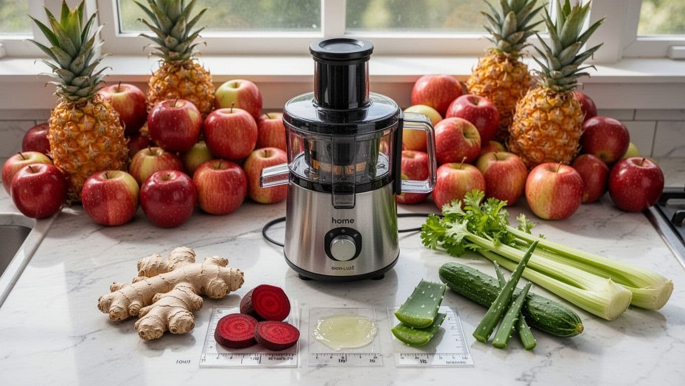 Kitchen counter featuring a home juicer with small measured portions of ginger root, sliced beets, and aloe vera gel in front, contrasted by oversized piles of apples and pineapple in the background to illustrate common pitfalls, with fresh celery and cucumber stalks nearby, photorealistic top-down view in natural daylight.