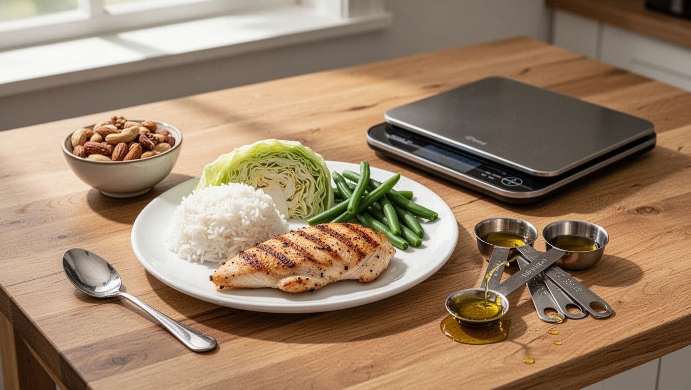 Simple kitchen table scene illustrating portion control for a kidney diet, with a small white plate holding 3 oz grilled chicken, half cup white rice, one cup cabbage and green beans, a side bowl of 1 oz nuts, measuring spoons with olive oil dressing, and a digital kitchen scale nearby.