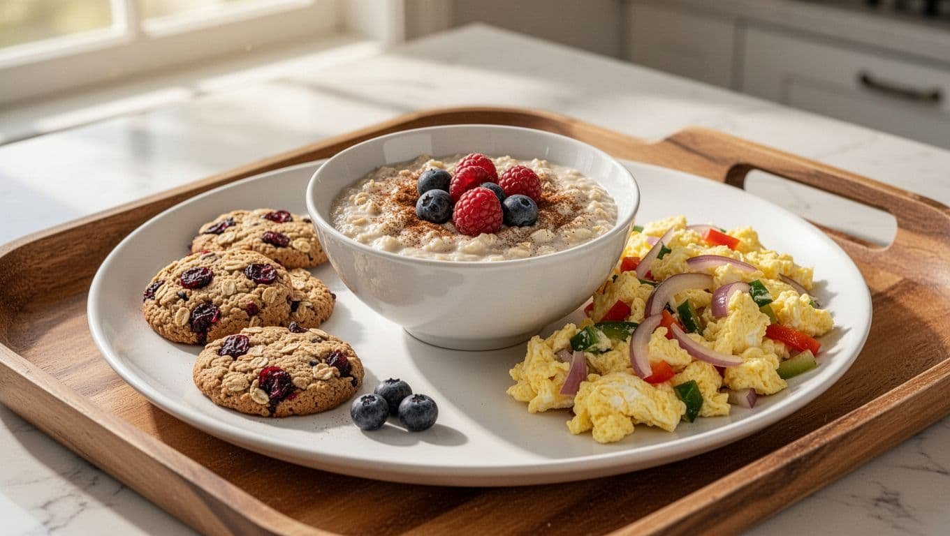 Assortment of kidney-friendly breakfast foods on a white plate and wooden tray in bright morning light, featuring cranberry oatmeal cookies, berry-topped oatmeal with cinnamon, egg white scramble with low-potassium vegetables, and toast with kidney-safe topping.