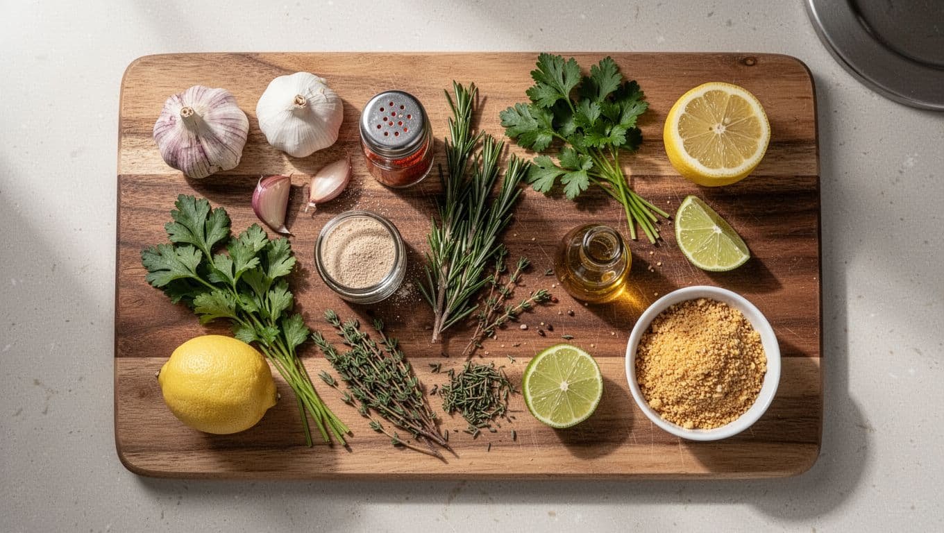 Top-down view of a wooden cutting board in a kitchen with fresh garlic cloves, onion powder, paprika, parsley, rosemary, thyme, lemon, lime, vinegar, and toasted breadcrumbs, arranged simply under natural daylight.