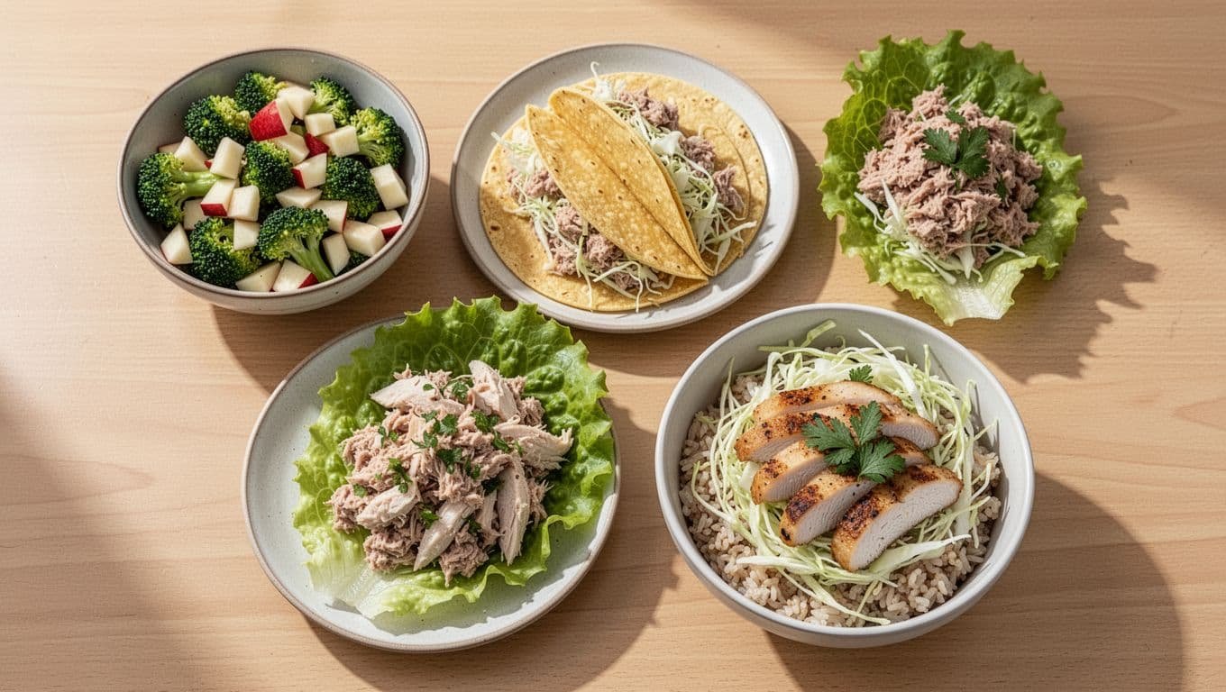 Top-down composition of four light kidney-friendly lunch dishes on a clean wooden table in natural daylight: broccoli and apple salad, low-sodium tuna tortillas with cabbage and lime, chicken salad in lettuce leaves, and rice bowl with grilled chicken strips and herbs.