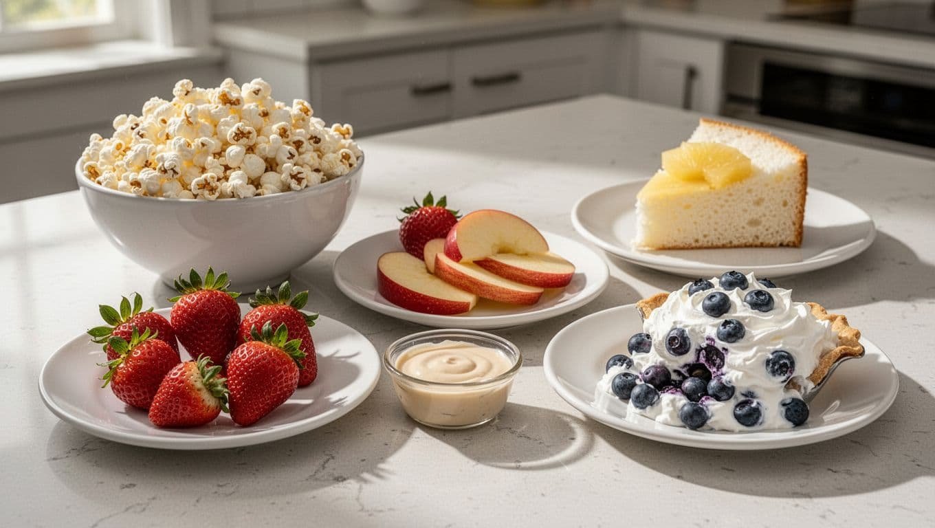 Assortment of kidney-friendly snacks and desserts on a kitchen counter, featuring air-popped popcorn, stuffed strawberries, apple slices with dip, angel food cake slice with pineapple, and blueberry whipped pie portion. Photorealistic style with natural light, simple white plates, and modest portions.