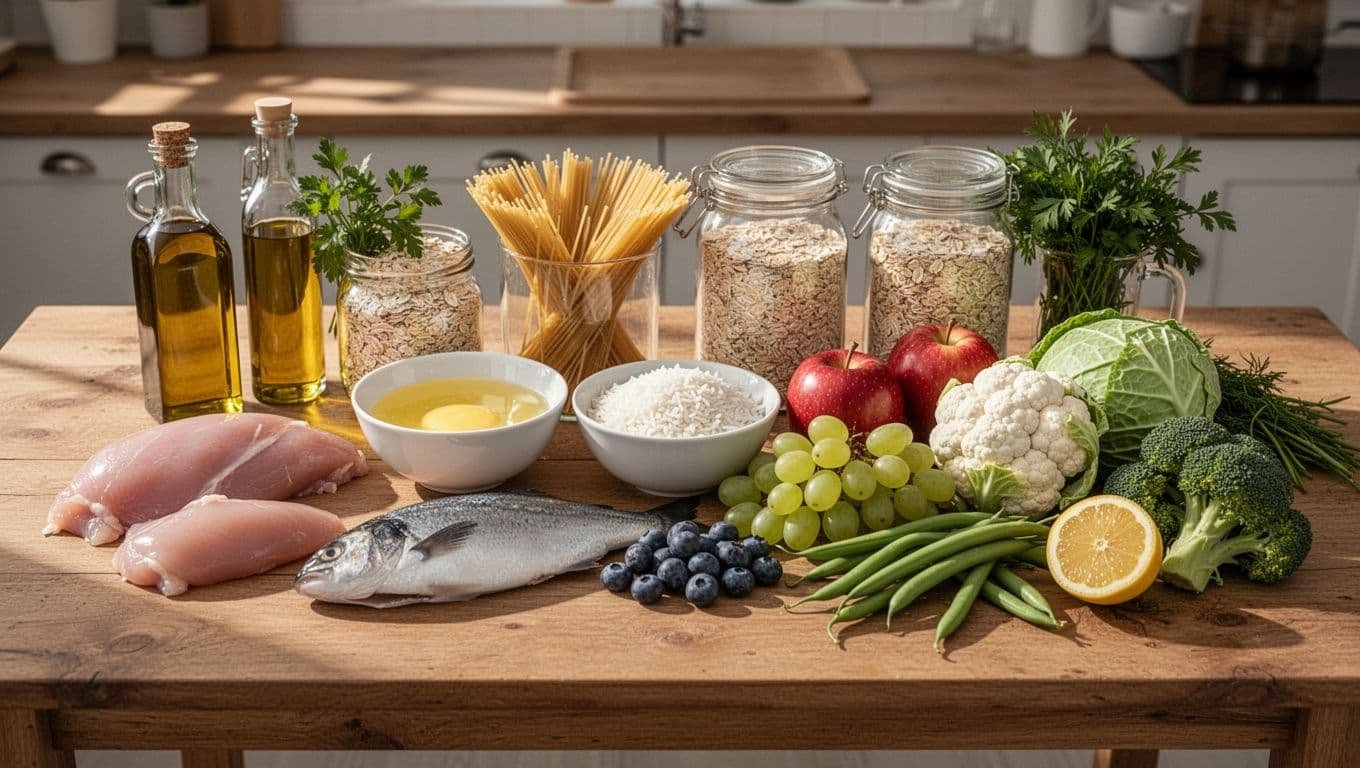 Side view of a wooden kitchen table with fresh kidney-safe ingredients like raw chicken breast, white fish fillet, egg whites, white rice, pasta, oats, apples, blueberries, grapes, cabbage, cauliflower, green beans, broccoli, olive oil, lemon, and herbs in soft morning light.