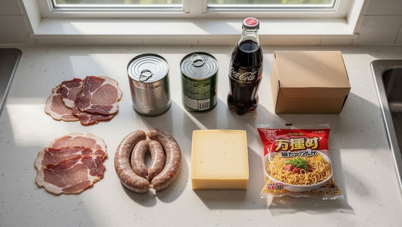 Top-down view on a kitchen counter showing six common kidney-unfriendly foods high in hidden sodium and phosphorus: processed meats like bacon and sausage, canned soup, dark soda, cheese block, instant noodles, and packaged snacks.