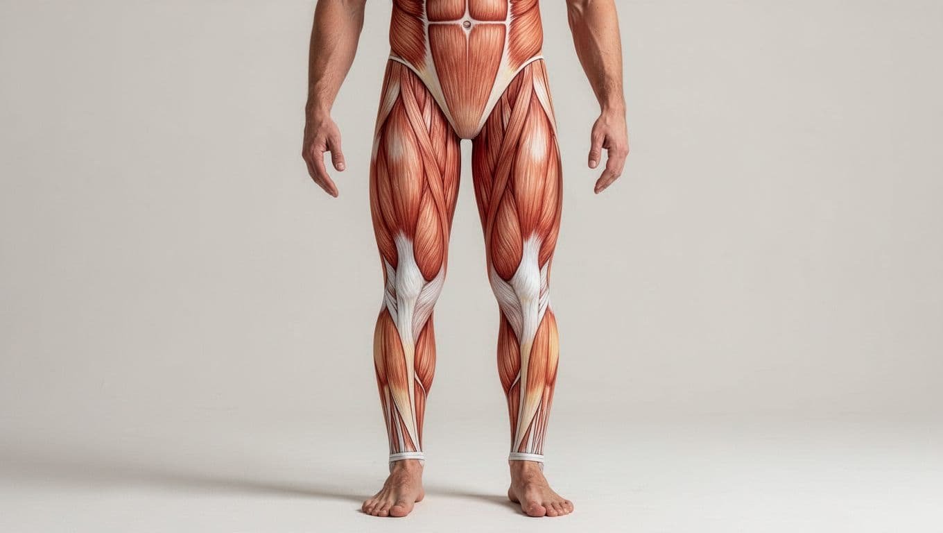 Realistic anatomical illustration of human lower body showing quadriceps, hamstrings, glutes, calves, and hip abductors in a combined front and side standing pose, medical diagram style with natural lighting.
