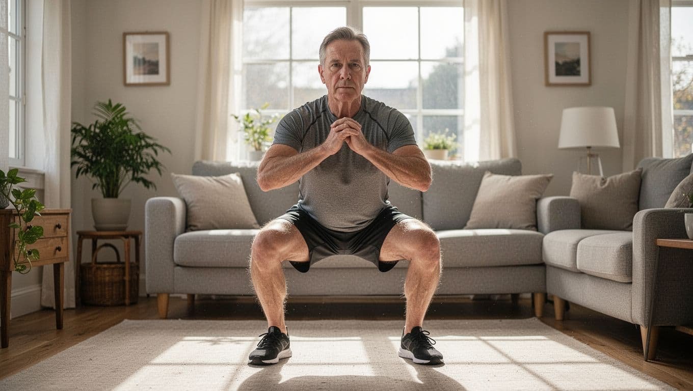 Person in mid-40s demonstrating knees caving inward during a squat exercise in a home living room, full body front view.