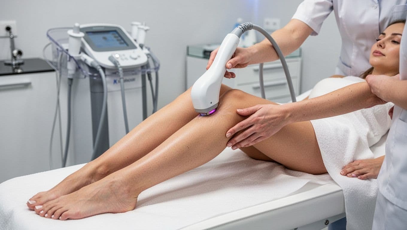 Woman reclined on treatment bed in modern dermatology clinic receiving laser hair removal on smooth lower legs by technician using handheld device, professional room with medical equipment in background, realistic photo.