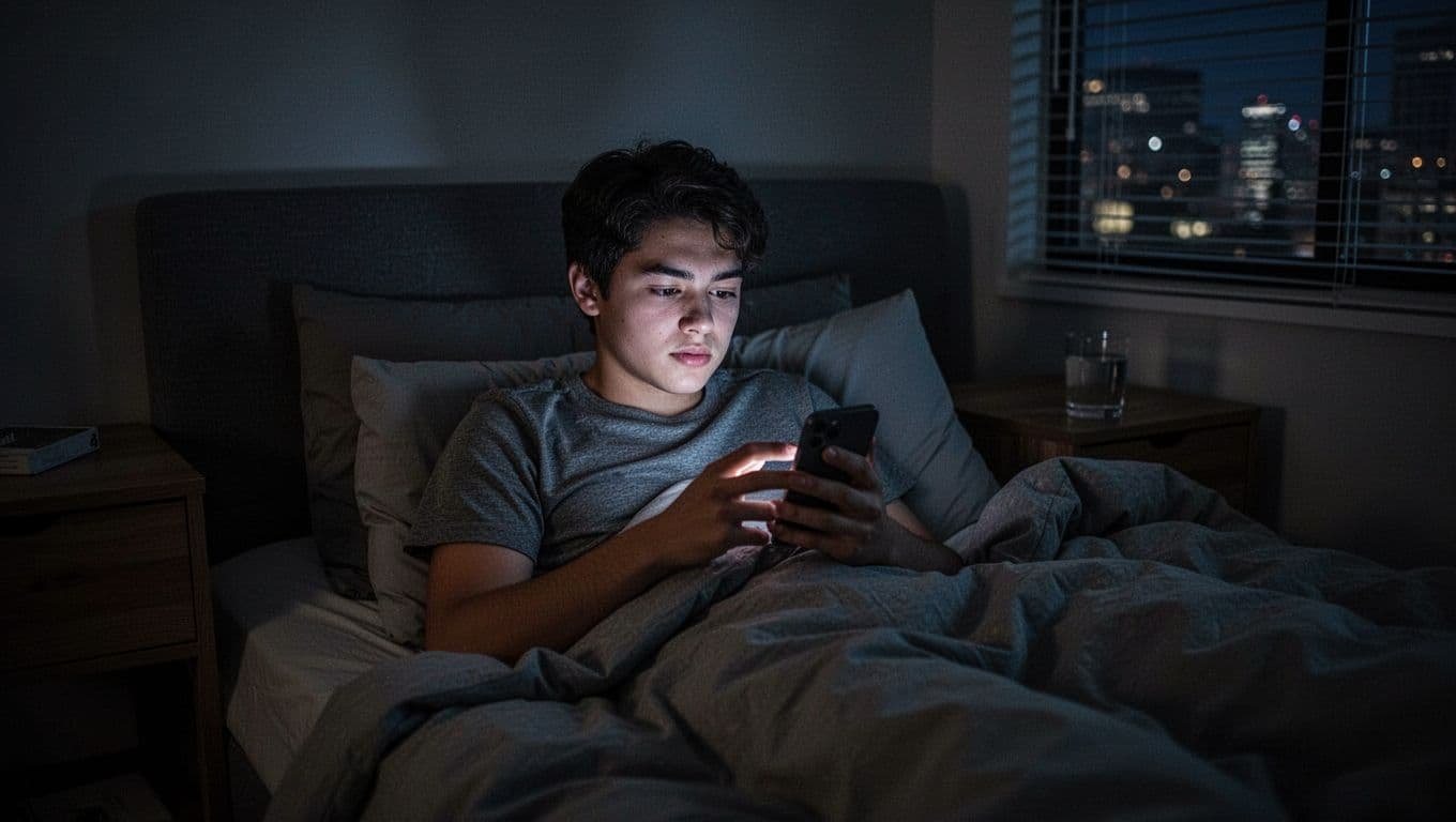 A young man in his mid-20s lies in a dark bedroom at midnight, his face softly illuminated by the phone screen as he types a late-night text with a mix of relaxation and mild boredom.