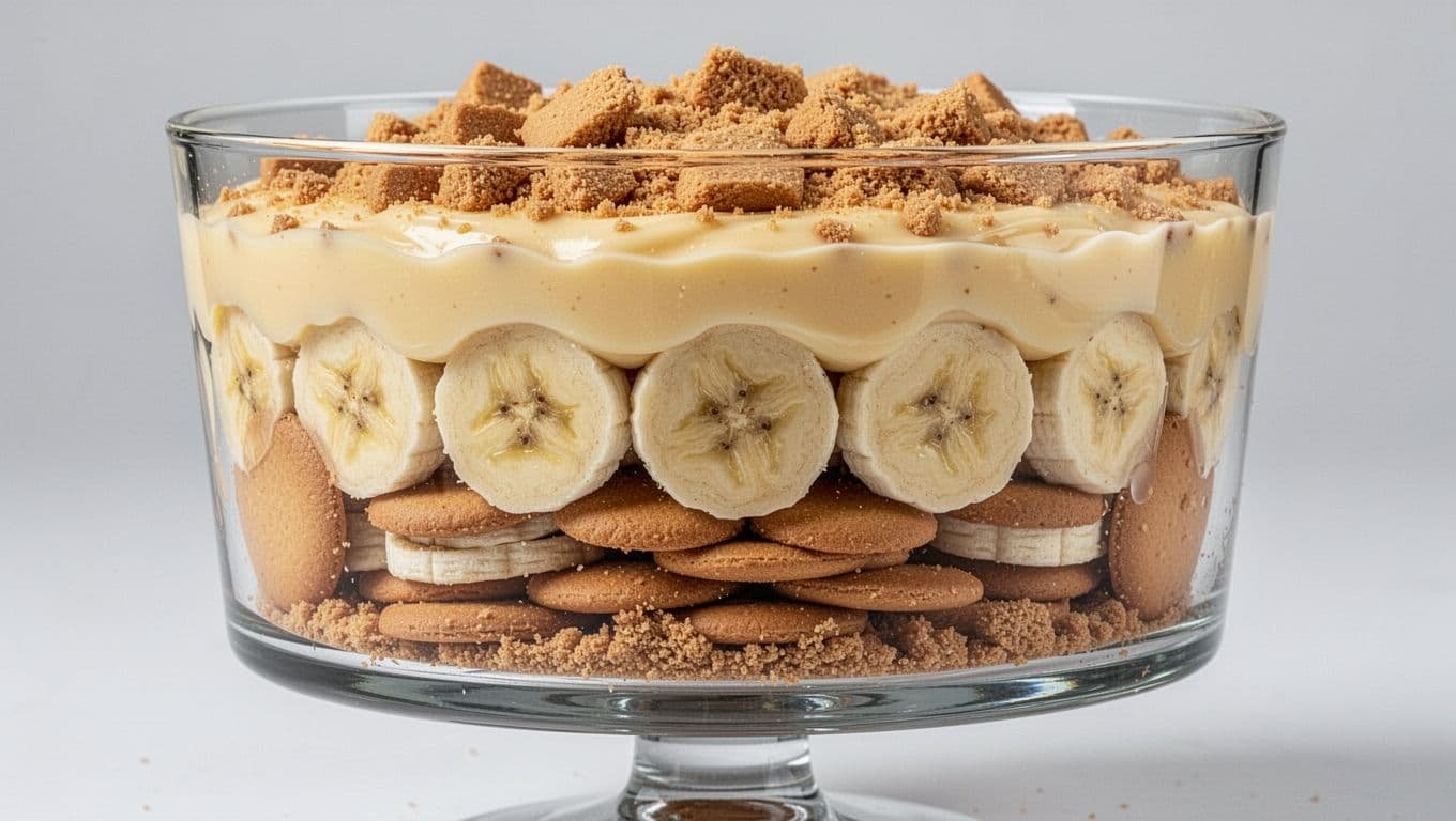 Cross-section view of a clear glass trifle dish with layered banana pudding: bottom vanilla wafers, alternating fresh banana slices and thick creamy pudding, topped with crushed cookies, under bright studio lighting with vibrant colors and high detail.