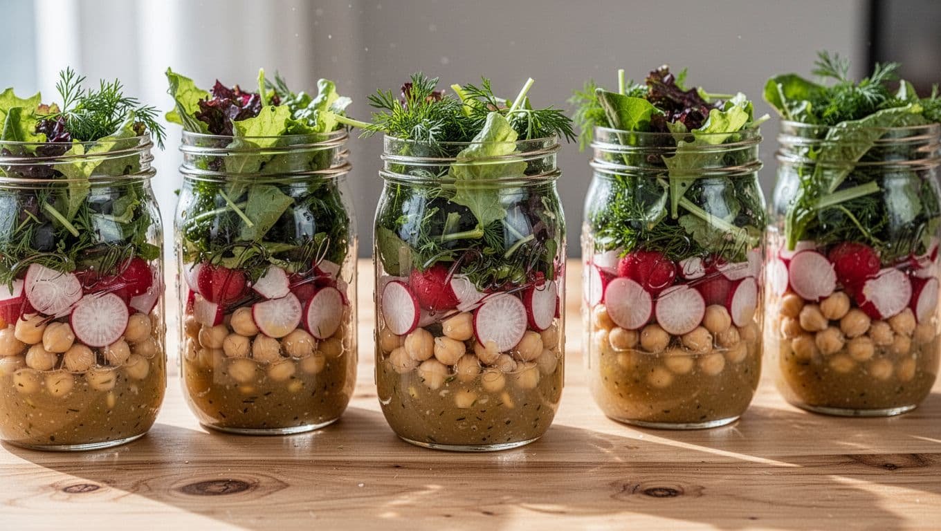 Clear glass mason jars layered with salad dressing at the bottom, chickpeas and chopped radishes in the middle, topped with dry greens and herbs, lined up on a wooden table in bright natural light.