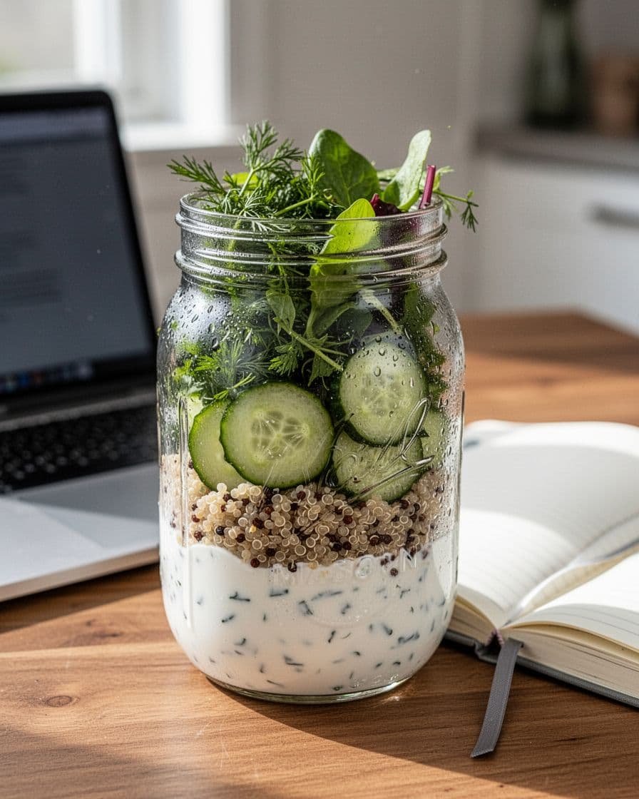 Clear glass mason jar with no-cook salad layers: creamy yogurt dressing at bottom, sliced cucumbers and quinoa in middle, fresh herbs and leafy greens on top, sealed with condensation, on wooden desk near laptop and notebook under bright natural light.