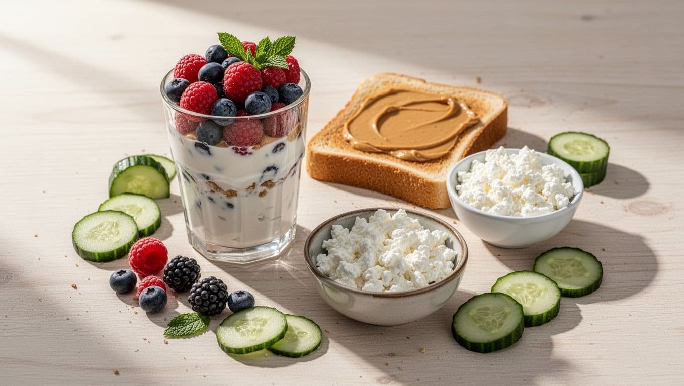 A simple light breakfast plate featuring a glass of fresh fruit berries yogurt parfait beside peanut butter toast and a bowl of cottage cheese with cucumber slices in bright clean morning light, loosely arranged with no people or text.
