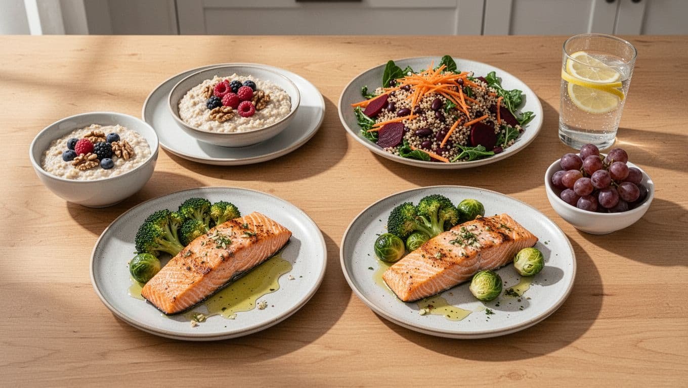 A simple wooden kitchen table holds four plates showcasing an easy day's liver-friendly meals: breakfast oatmeal topped with berries and walnuts, lunch quinoa bean salad with carrots beets and leafy greens, dinner roasted salmon with broccoli Brussels sprouts garlic and olive oil, plus a snack of grapes and lemon water. Realistic high-detail food photography in natural morning light with no people text or extra items.