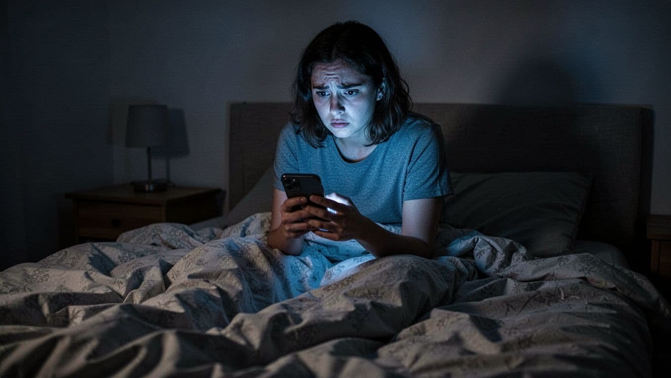 A person sits alone in a dimly lit room at night, staring intently at their phone screen with longing and anxiety, hand loosely gripping it amid rumpled bed sheets.