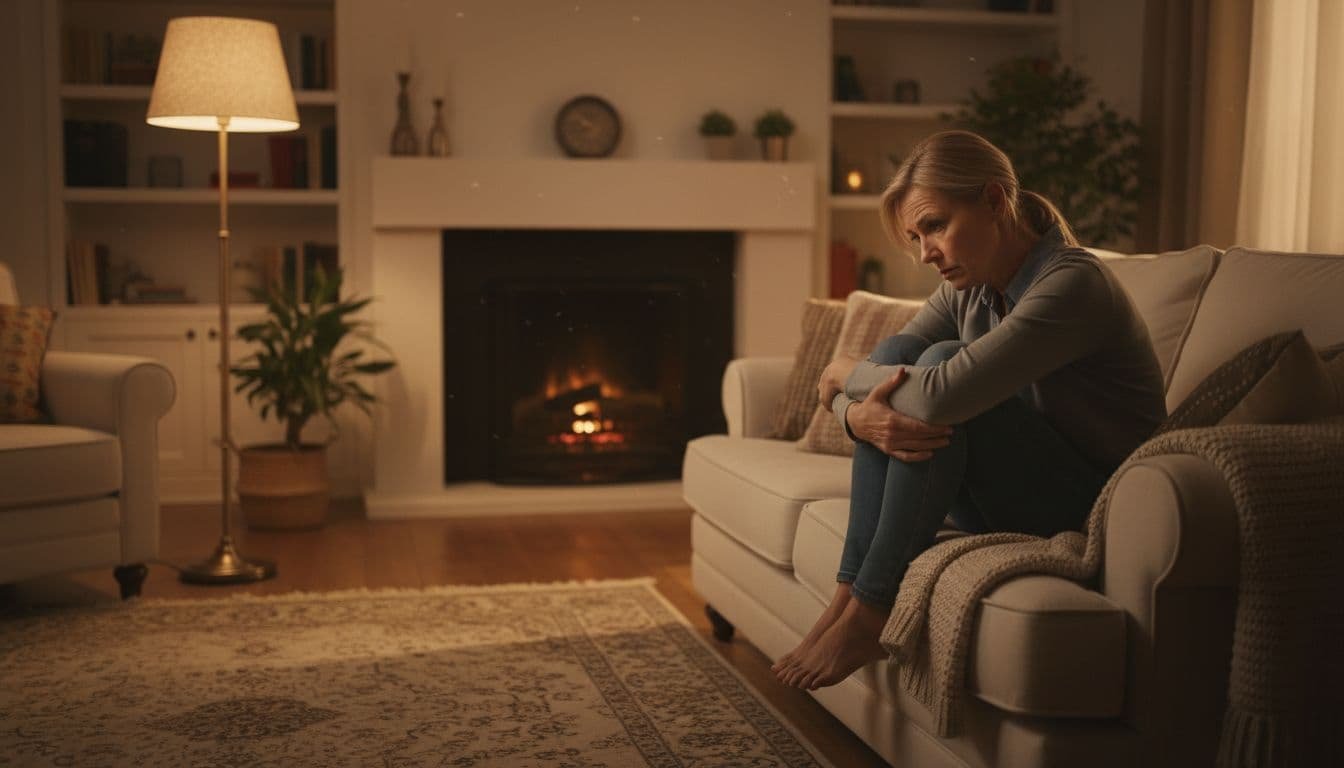 A middle-aged spouse sits alone on a cozy living room couch at evening, arms around knees, looking rejected and anxious under soft lamp light.
