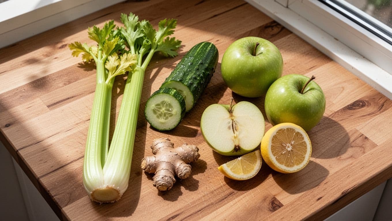 Top-down photorealistic arrangement of celery stalks, sliced cucumber, ginger root, halved green apple, and lemon on a wooden kitchen counter with natural daylight lighting.