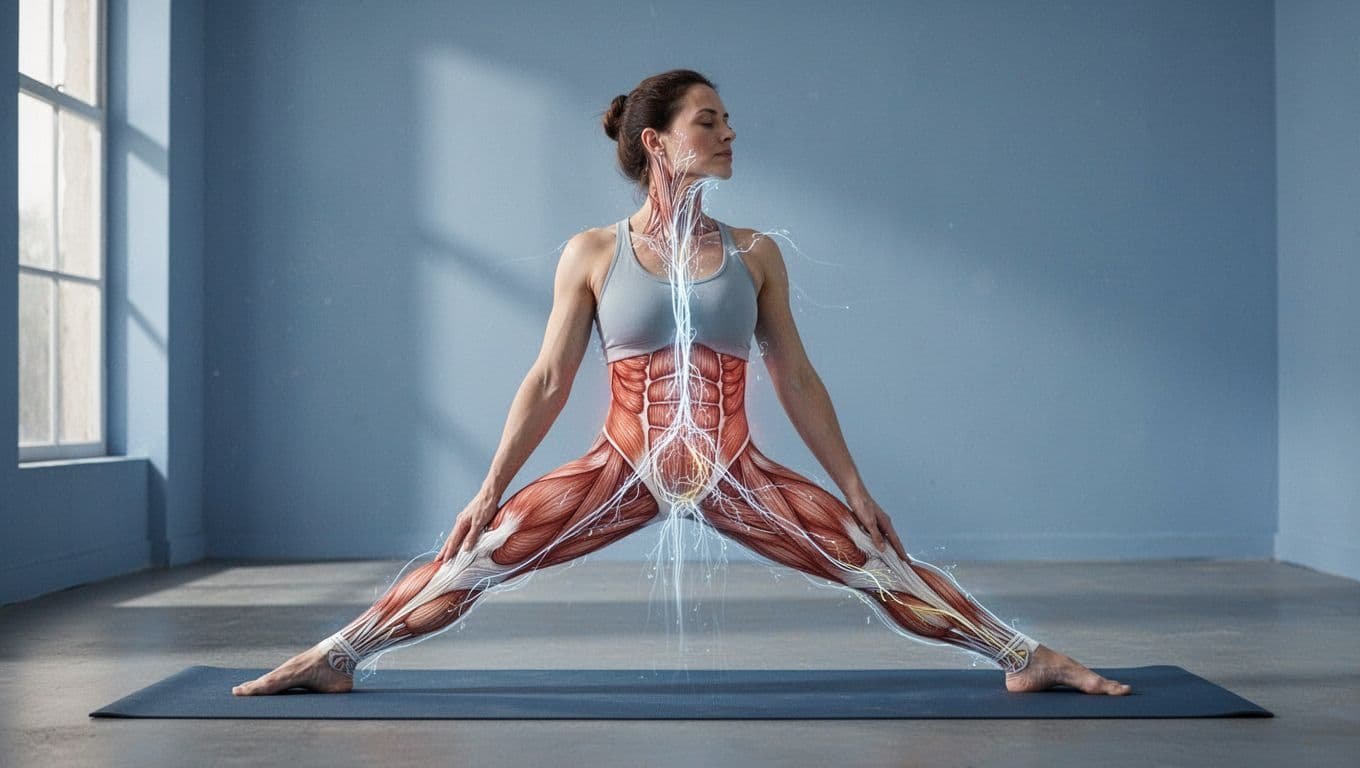 Illustration of a relaxed human figure in a gentle yoga pose with subtle glowing paths depicting lymph fluid moving upward from legs and abdomen via muscle contractions and breathing. Features soft blue tones, anatomical accuracy, simple composition, and natural lighting with no labels, text, arrows, or extra elements.