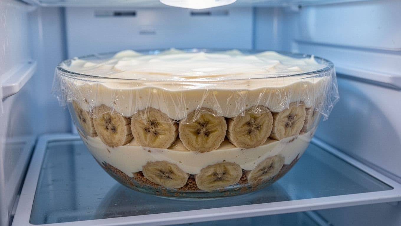 Clear glass dish of layered banana pudding covered with plastic wrap on a refrigerator shelf, featuring creamy smooth topping and visible banana and wafer layers below, captured in a side-angle photorealistic composition with cool blue lighting.