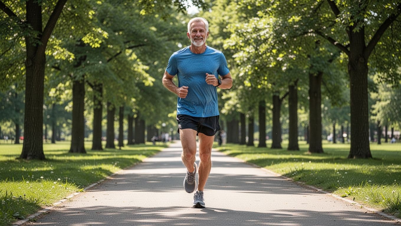 Adult male jogs on sunny park path lined with green trees, arms pumping naturally.