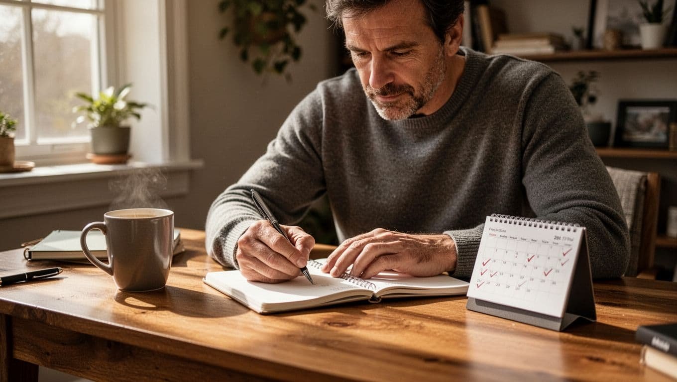 Adult man at wooden desk journals in notebook beside calendar with checkmarks for clean days and coffee mug.