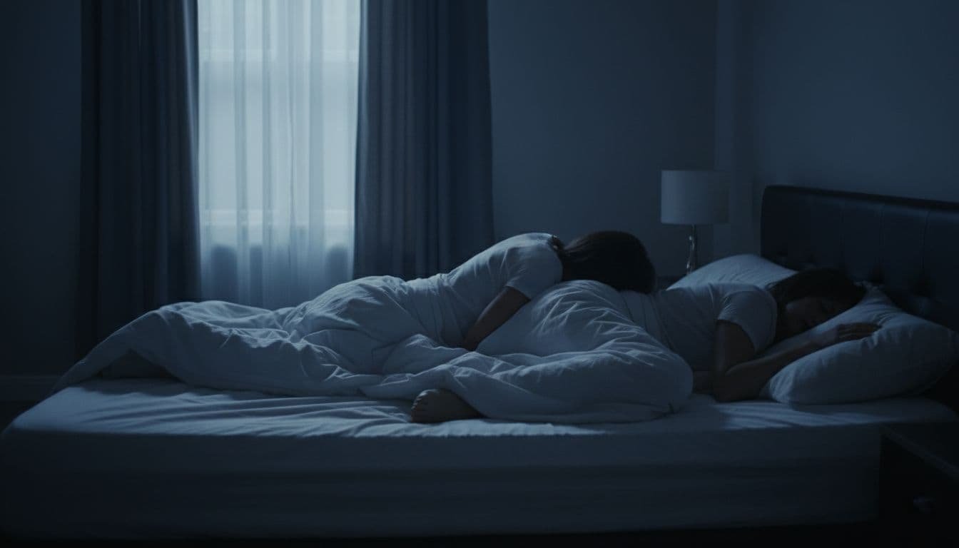 A realistic photo of a married couple lying back to back in a dark bedroom, illuminated by cool moonlight from the window, emphasizing emotional separation and loss of intimacy without clear faces shown.