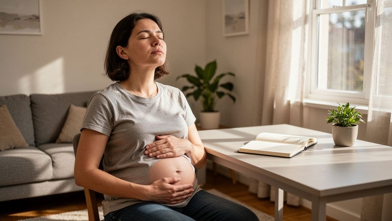 Person seated at home desk in living room, eyes closed, one hand on belly, relaxed shoulders in natural daylight with notebook and plant.