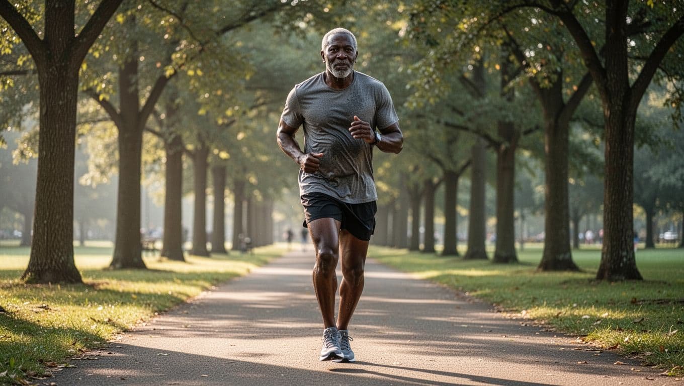 Middle-aged Black man in his 40s jogging briskly on a tree-lined park path in morning sunlight, wearing t-shirt and shorts, with energetic expression and sweat, focusing on motion and vitality.
