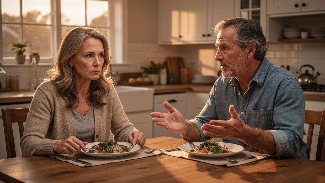 Middle-aged couple at kitchen table in warm evening light; wife stares bored at plate, husband gestures talking.