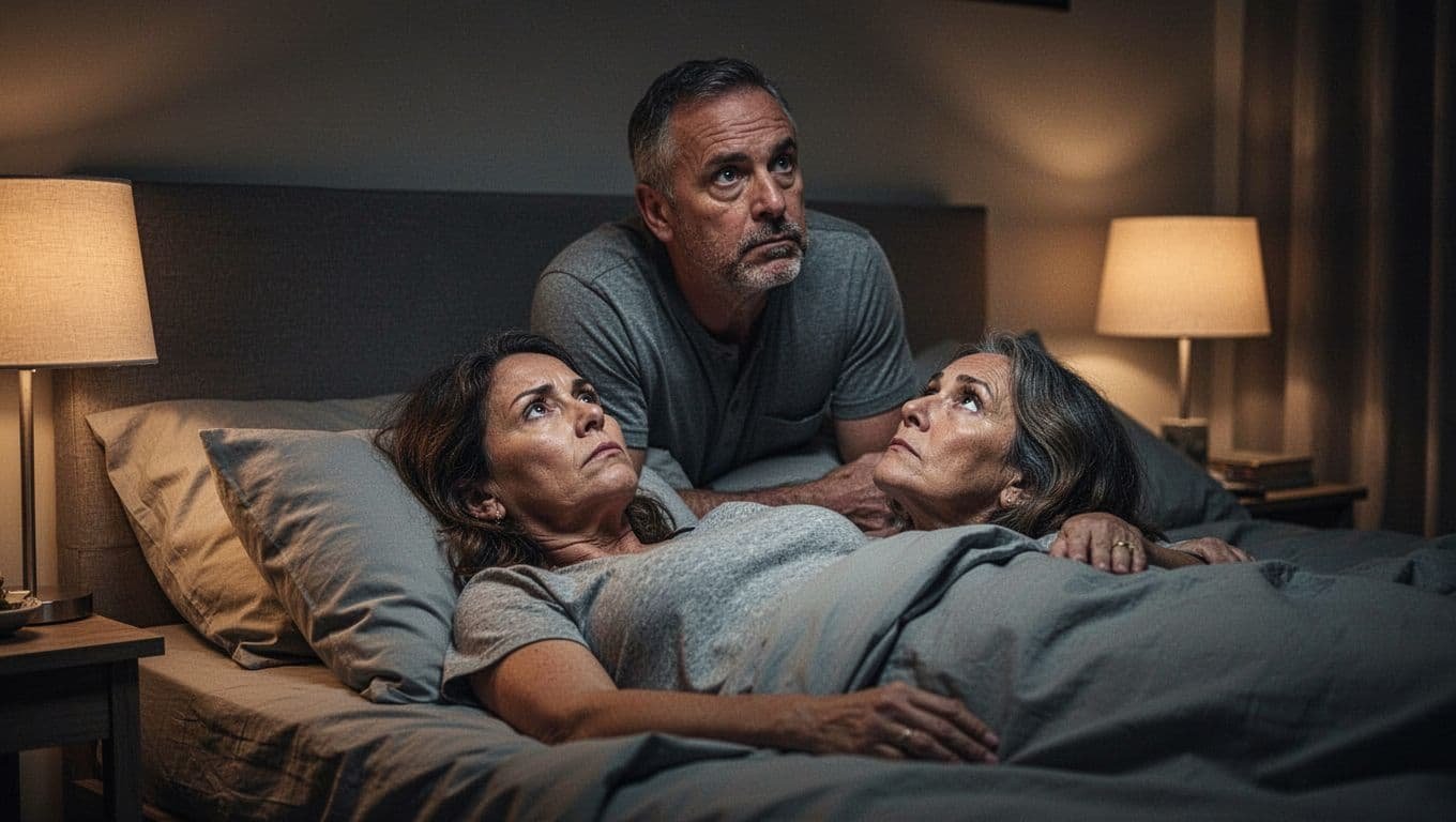 Realistic photograph of a middle-aged couple in a dimly lit bedroom at night: wife lying bored on her back gazing at the ceiling, husband on top focused selfishly in routine position.