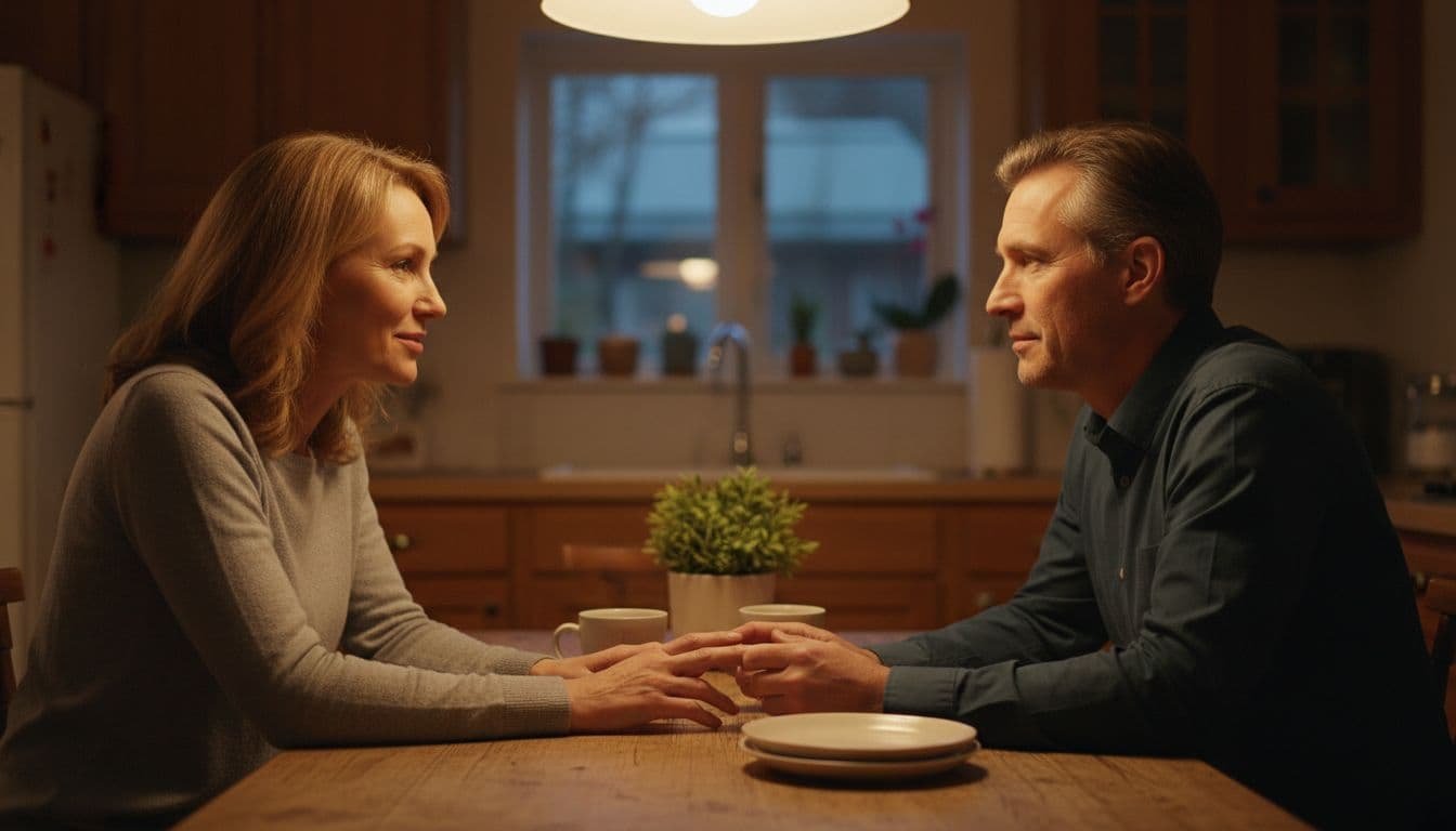 Realistic photo of a middle-aged couple sitting close at a kitchen table in the evening, engaged in a calm, open conversation with soft expressions of listening and care, warm lighting, hands relaxed on the table, no distractions.